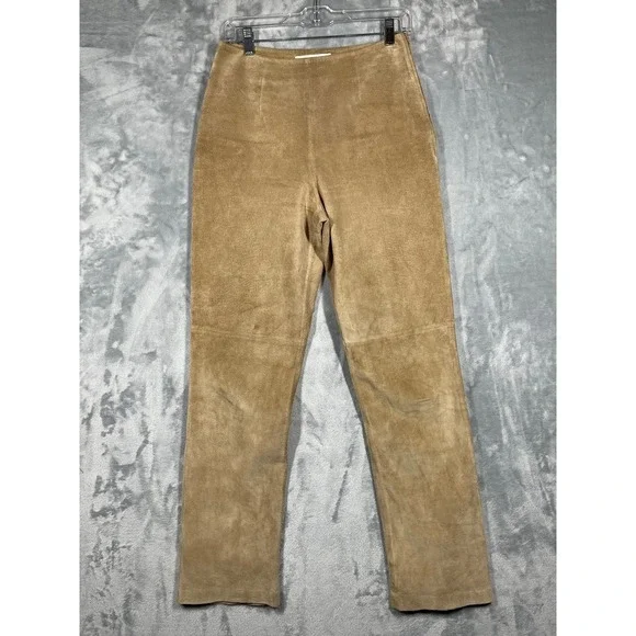 Margaret Godfrey Suede Leather Pants Womens Size 4 Tan Beige Vintage Straight - Picture 1 of 10